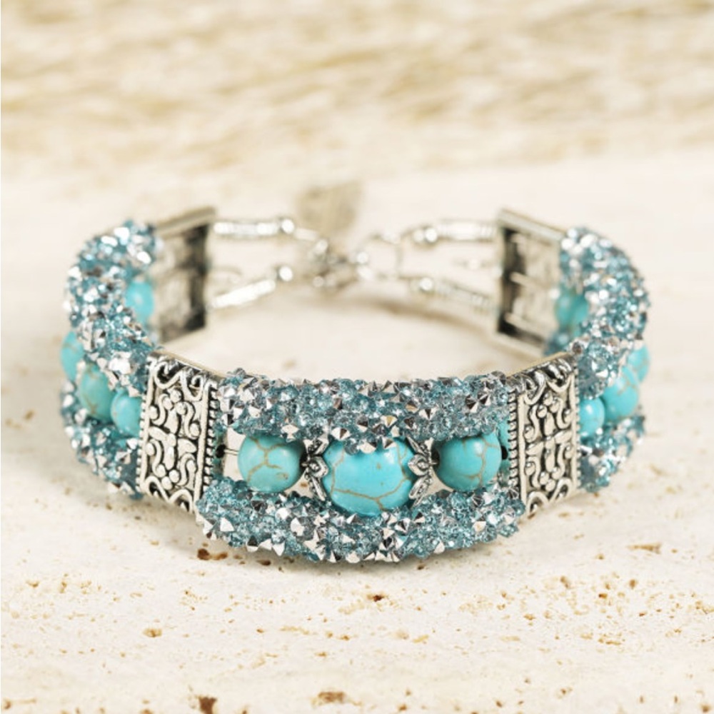 New! Western Turquoise Beads Rhinestone Carved Bracelet